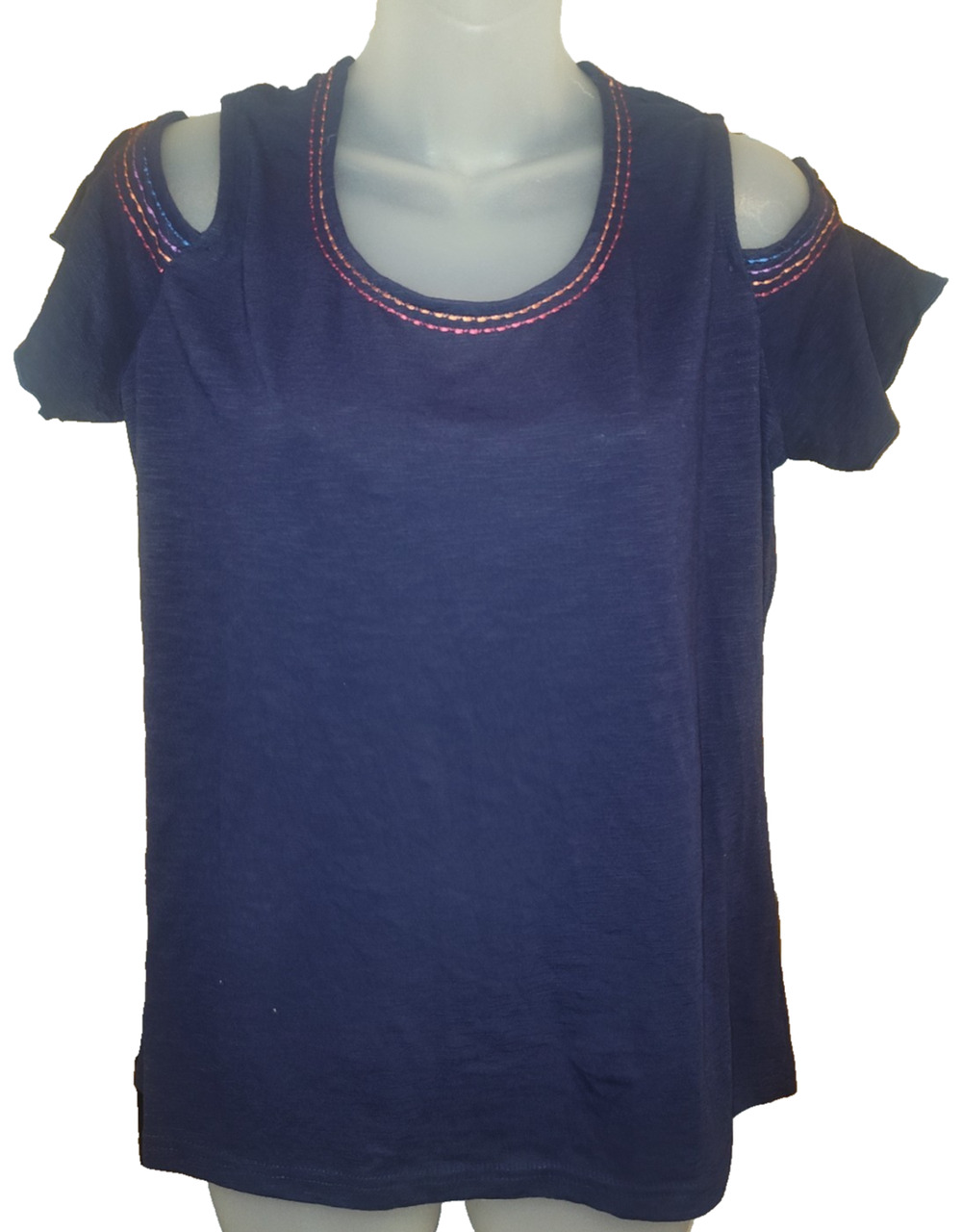 Honey Belle Women’s Blue Cold Shoulder Casual Short Sleeve Top Size L BG31